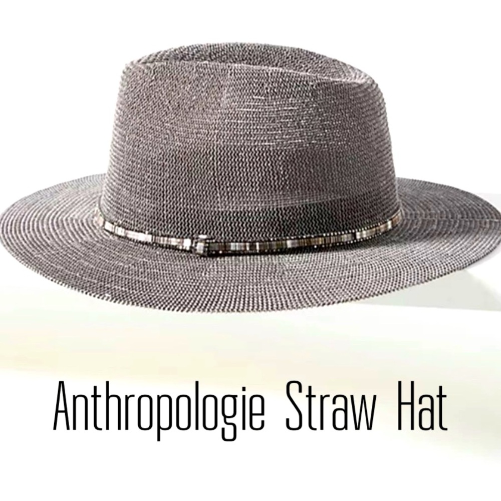 Anthropologie Gray Straw Fedora with Beaded Band